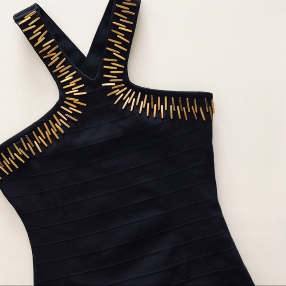 Forever21 black bandage dress gold embellishments